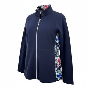 Tommy Bahama Womens Navy Floral Trim Full Zip Fleece Jacket XL‎ Aruba Lore